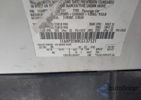 2012 Ford Taurus Sel из США, поврежденный, VIN 1FAHP2EW8CG137521